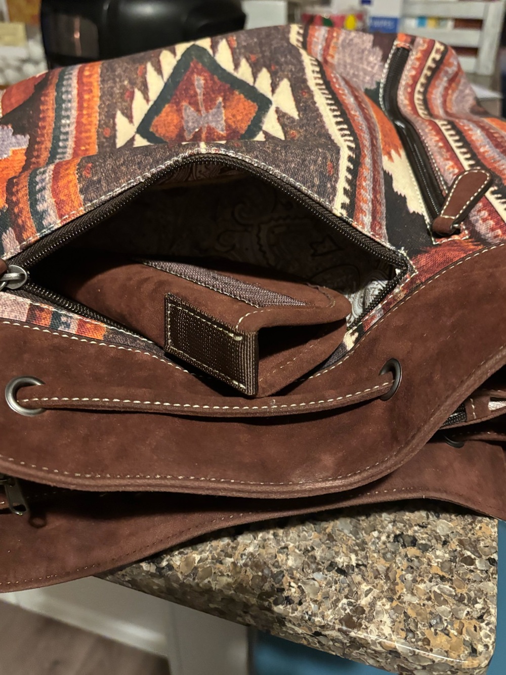 Aztec-Pattern Suede Bucket Shoulder Bag - Brown - Picture 2 of 2